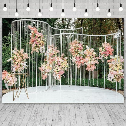 8x6ft Pink Floral Backdrop Green Leaves White Flowers Romantic Wedding Photography Background Natural Theme Birthday Banner Decorations Newborn Baby Shower Portrait Photo Booth Prop