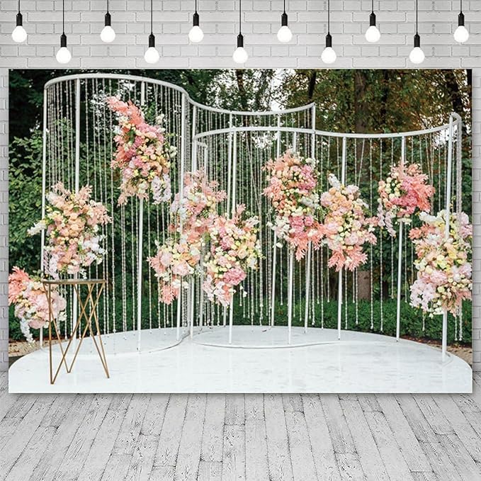 10x6.5ft Pink Floral Backdrop Green Leaves White Flowers Romantic Wedding Photography Background Natural Theme Birthday Banner Decorations Newborn Baby Shower Portrait Photo Booth Prop