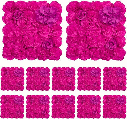 Flower Wall Backdrop 12pcs 16.5x16.5 Inch Floral Wall Panel Artificial Silk Rose Wall Decor Ideal for Wedding Celebrations, Festive Party Backdrops, and Home Decor-Bright Pink
