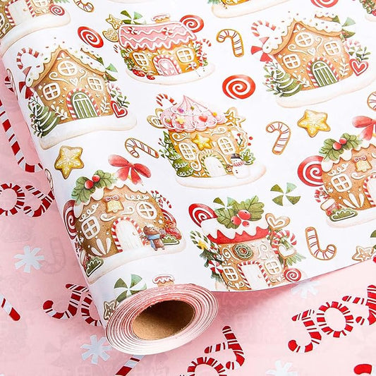 MAYPLUSS Christmas Wrapping Paper Roll - 17 Inch X 33 Feet - Cute Pink Gingerbread House Reversible Candy Cane Gift Wrapping Paper, Thick Gift Wrap Paper for Holiday Party New Year Kids