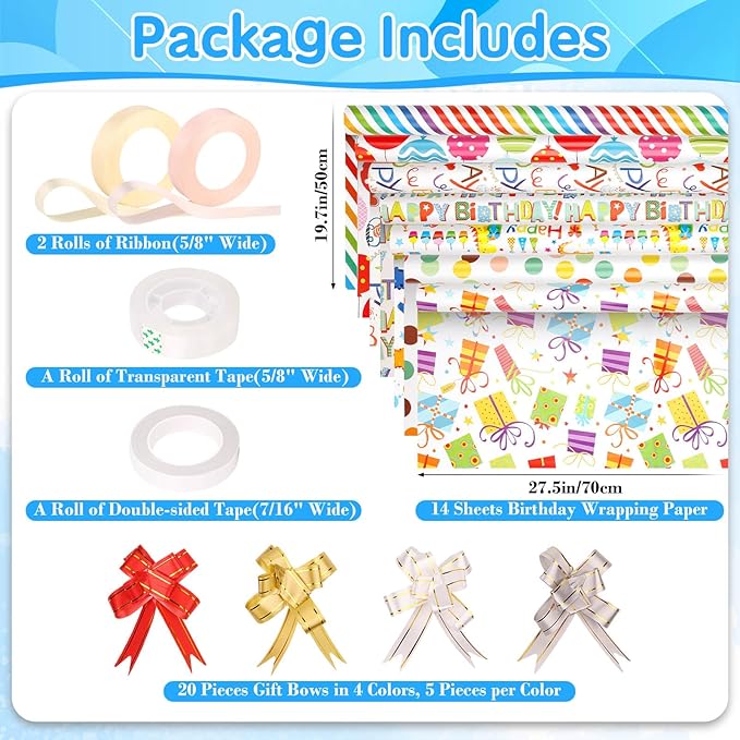 Tidponra Birthday Wrapping Paper Sheets Set, 14 Sheets Folded Flat Gift Wrapping Paper with Ribbon, Bows and Tape for Party, 19.7 in. X 27.5 in. Per Sheet