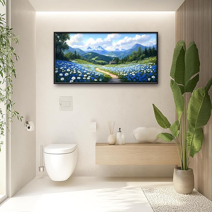 Mountain Large Wall Art Framed Wall Decor for Living Room Countryside Wildflowers Pictures Oversized Canvas Print Painting Modern Extra Large Framed Artwork for Bedroom Office 60"x30"