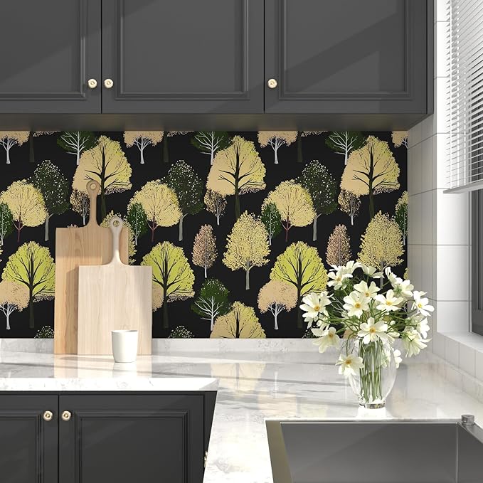 Forest Wallpaper Peel and Stick, Back/Green/Yelllow Trees Contact Paper,Abstract Woodland Landscape Wall Mural Self Adhesive Waterproof Removable for Bathroom Shelves Cabinet Drawer Table 17.5" x 118"