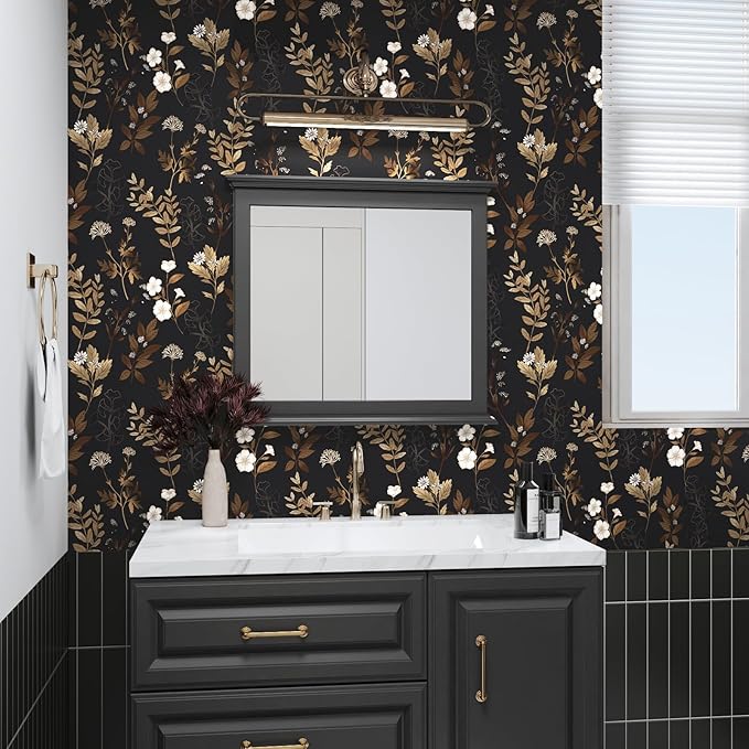 Black Floral Peel and Stick Wallpaper 17.4" x 197" Vintage Dark Gold Leaf Contact Paper Waterproof Self-Adhesive Vinyl Wall Covering for Bedroom Bathroom Countertop Cabinets, Boho Wall Decor