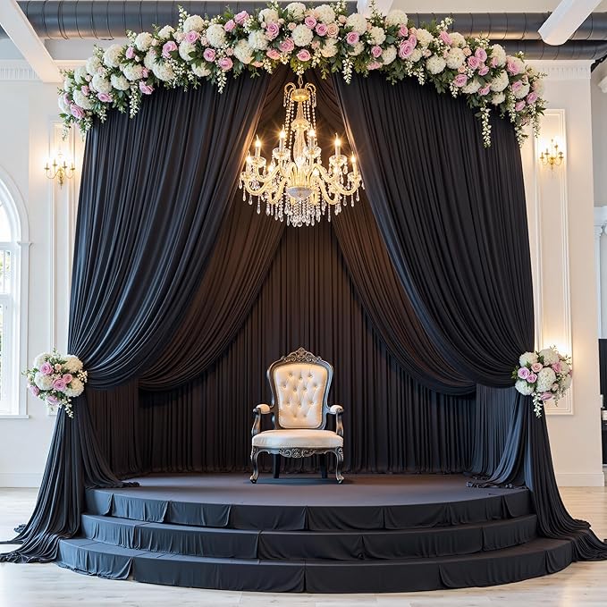 PartyVillage 60ft×15ft Black Backdrop Curtain for Wedding Parties, 12 Panels Wrinkle Free 15 FT Long Polyester Photo Backdrop Drapes Back Drop Cloth for Birthday Photography Background