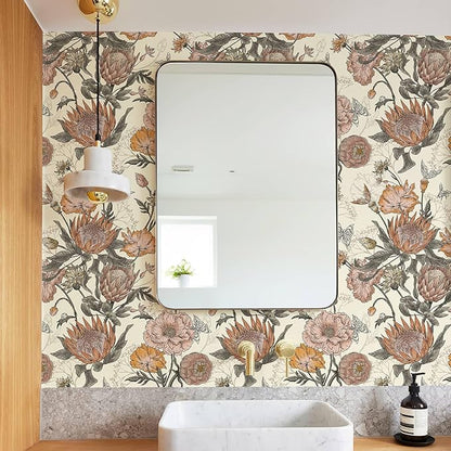 Floral Wallpaper Peel and Stick Floral Contact Paper Yellow and Pink Vintage Wall Paper Removable Self Adhesive Vinyl Stick on Wallpaper for Bathroom Bedroom Decor 17.3in x 400in