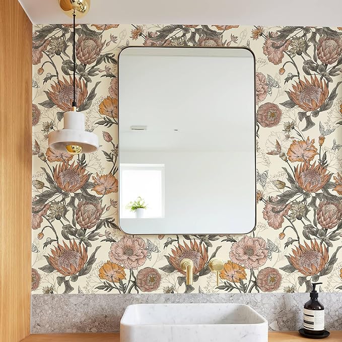 Floral Wallpaper Peel and Stick Floral Contact Paper Yellow and Pink Vintage Wall Paper Removable Self Adhesive Vinyl Stick on Wallpaper for Bathroom Bedroom Decor 17.3in x 118in