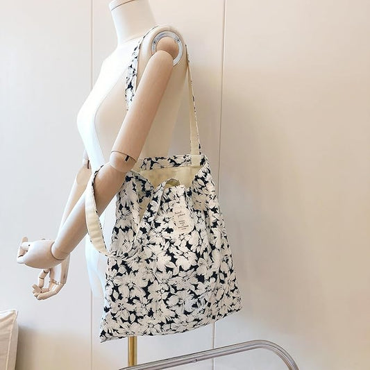 Cotton Canvas Tote Bag Reusable Soft Grocery Cloth Bag Floral Shoulder Bag for Beach Travel Shopping