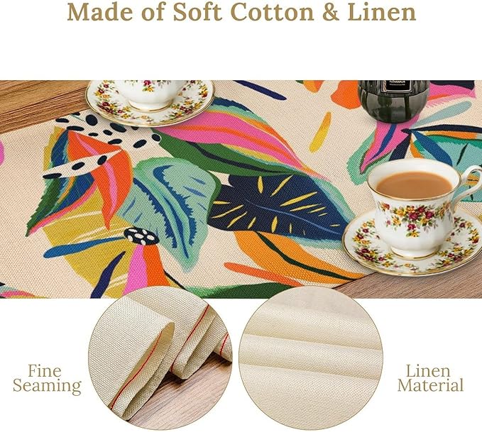 Colorful Flower Table Runner,Abstract Flower Blossom Botanical Pattern Print Tablecloth Burlap for Hotel Indoors Outdoor Dining Room Kitchen Table Decor, 13x60in