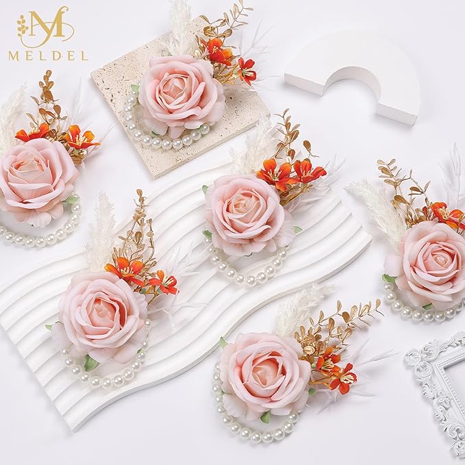 Meldel Pink Wrist Corsage and Boutonniere Set, Flower On Wrist for Bride Bridesmaid Wedding, Boutonniere for Men Groom Groomsman Wedding Accessories Prom Party Suit Decorations
