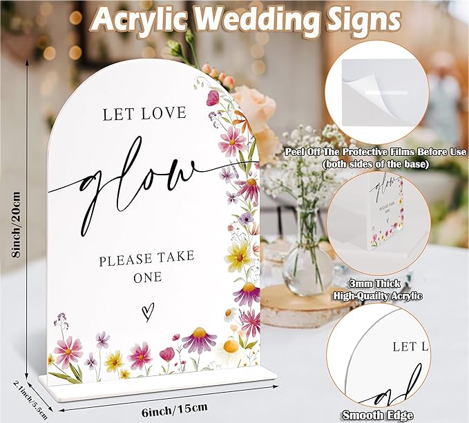 Wedding Glow Sticks Please Take One Sign, Wild Flower Arch Acrylic Wedding Signs for Reception, Love Is In Bloom Bridal Shower Floral Engagement Party Decorations, 6x8 Inch