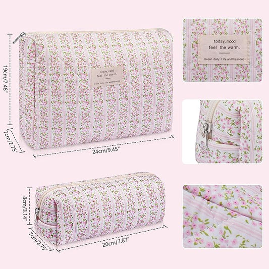 2PC Makeup Bag Set, Cute Cosmetic Bag for Women Girls, Floral Coquette Aesthetic Toiletry Bag, Travel Make Up Organizer Bag (Pink Floral)