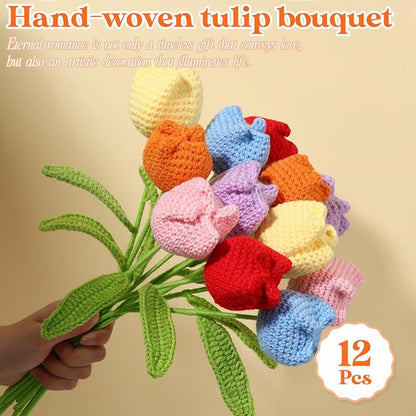 YoungJoy Crochet Rose 12 Pcs Handmade Knitted Flowers Tulip Sunflower Daisy Heart Artificial Knitted Floral Mother Day Graduation Home Decor(Cute Tulip B)