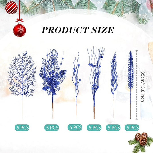 30 Pcs Artificial Christmas Tree Picks and Sprays Glitter Berry Stem Branches Holly Floral Picks Twigs Christmas Tree Ornaments for DIY Xmas Wreath Vase Filler Decorations(Royal Blue)
