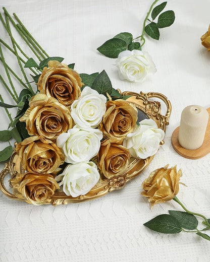 LFF 10pcs Silk Roses Artificial Flowers Fake Long Stem Roses for DIY Wedding Bouquet Home Decoration (Gold)