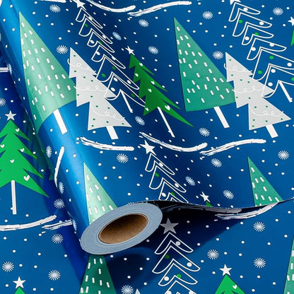 MAYPLUSS Christmas Tree Wrapping Paper Roll - 17 Inch X 33 Feet - Shine Metallic Navy Blue Elegant Christmas Tree Snow Winter Gift Wrap Paper Sheet for Holiday, Hanukkah, Festive Decoration