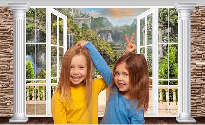Window Scenery Backdrop White Windowsill Floral Garden Green Forest Natural Rock Stone Photography Background Garden Style Family Union Party Banner Wall Decor Photo Shoot Booth Props 12x8ft
