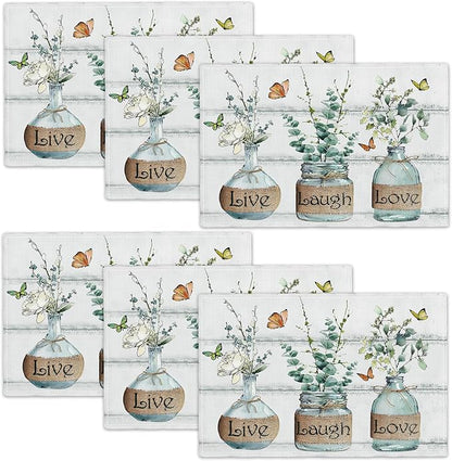 Eucalyptus Placemats Set of 6 Farmhouse Green Botanical Table Mats Washable Place mats for Home Party Indoor Kitchen Dining Table Decoration 12x18 Inch