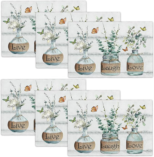Eucalyptus Placemats Set of 6 Farmhouse Green Botanical Table Mats Washable Place mats for Home Party Indoor Kitchen Dining Table Decoration 12x18 Inch