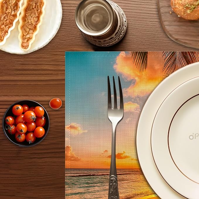 Summer Palm Beach Placemats Set of 6,Washable Heat Resistant 12×18 Inch Linen Table Mats Tropical Place Mats for Party Outdoor Dining Décor