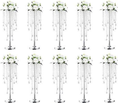10 Pcs Wedding Centerpieces Vase, 21.6" Silver Metal Flower Holders Centerpiece Vase with Chandelier Crystal,for Reception Tables Décor Wedding Anniversary Party Events