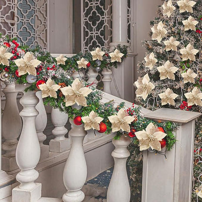 Boao 24 Pieces Christmas Artificial Glitter Poinsettia Flowers Xmas Flowers Wedding Christmas Tree New Year Ornaments(Champagne)