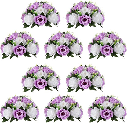 NUPTIO Flower Wedding Centrepieces for Tables - 10 Pcs 9.5in Diameter Lilac & White Artificial Flowers Rose Ball for Centerpieces Table - Fake Rose Arrangements for Weddings Birthday Party Decor
