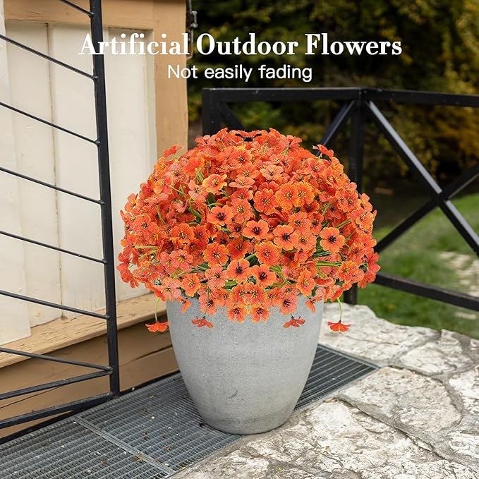 20 Bundles Fall Flowers Artificial for Halloween Decoration, Fake Flowers Faux Plants Silk Colorful Daisy Eucalyptus Realistic UV Resistant for Garden Patio Porch Box Home Decor, Orange