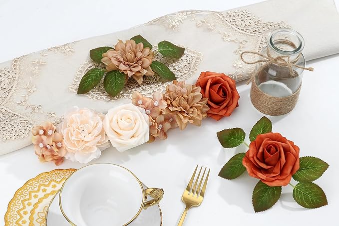 SITUMEIZI Roses Artificial Flowers Combo Orange Flowers Mix Silk Foam Flowers Peony Dahlia with Stems for DIY Bridal Wedding Bouquet Baby Shower Party Home Decor Floral Arrangements 27pcs