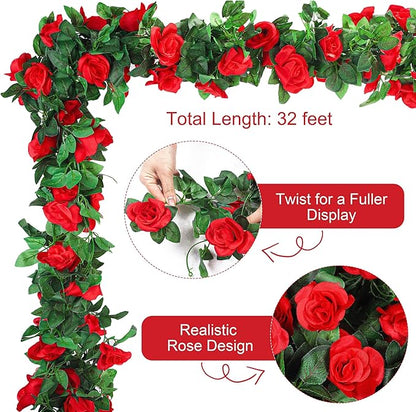 Aneco 4 Pack 32 FT Red Flower Garland Artificial Rose Vines Roses Fake Vine Flowers Plants Party Supplies for Holiday Wedding Garden Craft Art Decoration