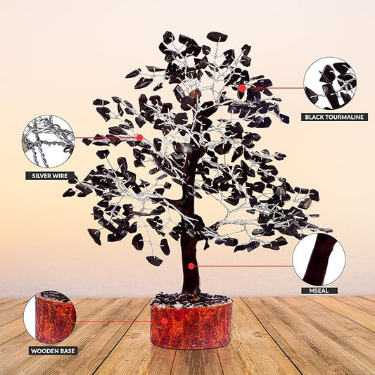 Black Tourmaline Silver Wire Handmade Crystals and Healing Stone Natural Gemstone Fortune Bonsai Money Tree | Good Luck | Wealth | Prosperity | Home Office Decor | Spiritual Gift | Feng Shui