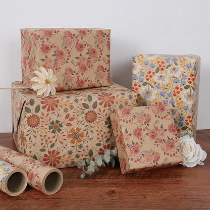 Aimyoo Kraft Floral Wrapping Paper Bundle, Vintage Spring Flowers Rose Gift Wrap Paper for Wedding Bridal Shower Birthday, 3 Rolls 17 in x 10 ft per Roll
