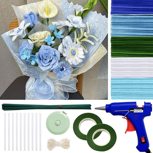 500 Pcs Pipe Cleaners for Crafts – 5 Coloars Chenille Stems with Glue Guns & Tape Measure – Perfect for DIY Projects, Holiday & Room Decorations, Arts and Crafts Activities (Blue, 12in x 8mm)