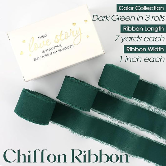 MEEDEE Dark Green Chiffon Ribbon 1 Inch Green Frayed Ribbons Green Chiffon Silk Hunter Green Ribbon Thin Chiffon Ribbons for Crafts, Gift Wrapping, Wedding Invitation (3 Rolls 21 Yards)