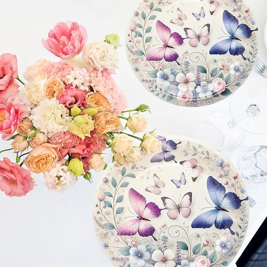 50Pcs Butterfly Plates Butterfly Birthday Party Supplies 7" Pink Purple Butterfly Paper Plates Spring Floral Shower Spring Summer Picnic Wedding Tea Party Vintage butterflyParty Decor