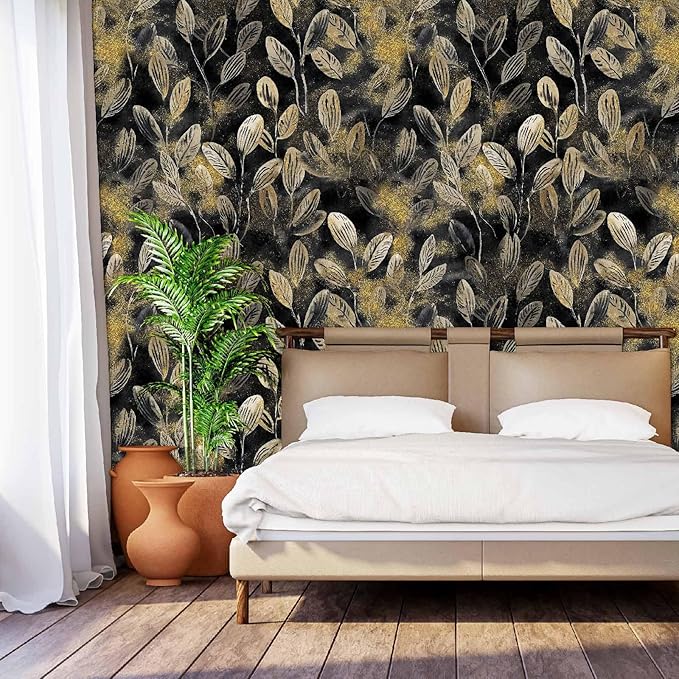 Modern Black and Gold Floral Leaf Peel and Stick Wallpaper Removable Dark Art Deco Self Adhesive Vinyl Contact Wall Paper for Bathroom Renter Friendly Wallpaper 17.7" X 70.8"