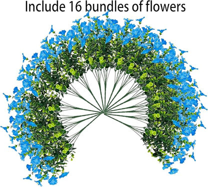 Artificial Outdoor Flowers 16 Bundles Fake Morning Glory Flower Outdoor UV Resistant Plastic Faux Flowers Plants for Decoration Indoor Outdoor Hanging Window Box Planter Home Porch Decor (Blue)