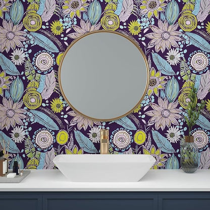 Purple Boho Wallpaper Peel and Stick,Vintage Yellow Floral Contact Paper, Botanical Flowers Retro Bohemia Wall Paper Self Adhesive Removable Waterproof for Walls Shelves Cabinet Table 17.5" x 118"