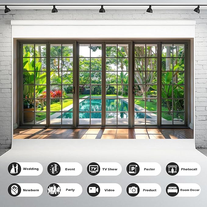 Window Scenery Photography Backdrop Windowsill Backyard with Pool and Garden Background Tropical Plants Photocall Background Party Banner Wall Decor Baby Kids Family Photo Shoot Props 10x6.5ft