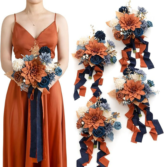 Ling's moment Artificial Flowers Orange & Navy Bridesmaid Bouquet Set of 4, Orange Wedding Flowers Bouquets for Bridesmaids, 7 Inch Bridal Bouquets for Bridesmaids, Wedding Decor, etc