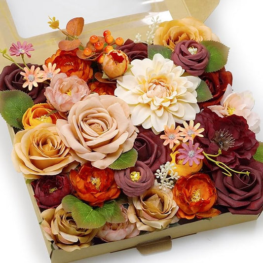 Fall Decor Artificial Flower Box Set Silk Fake Flowers for DIY Centerpieces Cake Decorations, Wedding Bouquets, Boutonnieres, Home Decorations(Sunset Orange)