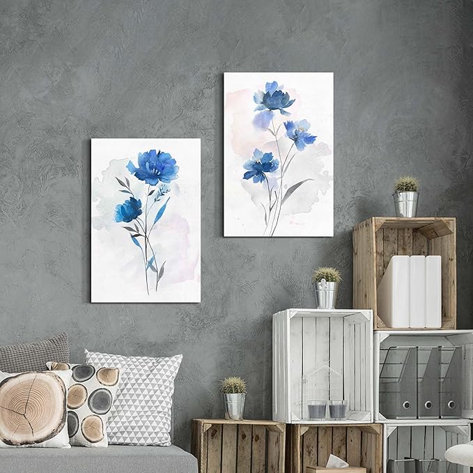 Bedroom Flower Canvas Wall Art: 2 Pieces Navy Blue Floral Prints Artwork Vintage Wildflower Bouquet Botanical Abstract Picture Painting for Living Room Bathroom Home Office