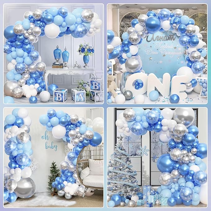 Amandir 153pcs Blue White Balloon Arch Garland Kit, Different Sizes 18 12 10 5 inch Blue Silver Latex Metallic Confetti Snowflake Balloons for Winter Wonderland Princess Baby Shower Party Decorations
