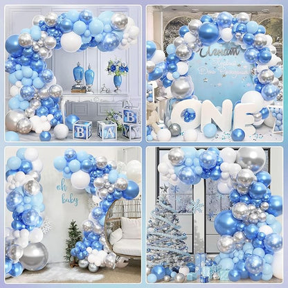 Amandir 153pcs Blue White Balloon Arch Garland Kit, Different Sizes 18 12 10 5 inch Blue Silver Latex Metallic Confetti Snowflake Balloons for Winter Wonderland Princess Baby Shower Party Decorations