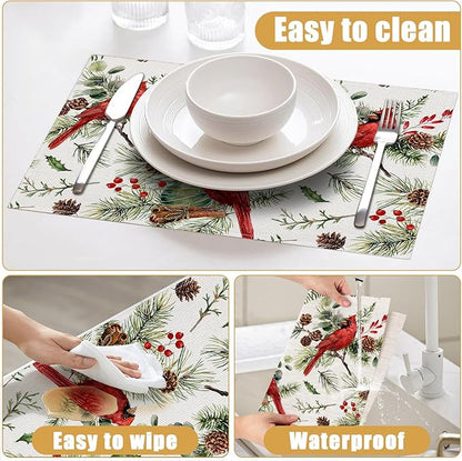 Red Cardinal Placemats Set of 6, Christmas Berry Bird Linen Place Mat Washable Stain Resistant Table Mats for Farmhouse Kitchen Dining Party Wedding Decor 12x18 Inch