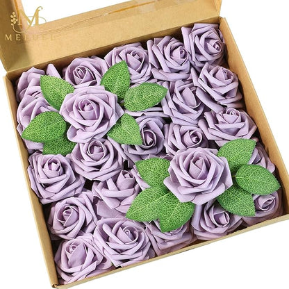 Meldel Artificial Flowers 50pcs Real Looking Purple Lilac Foam Fake Roses with Stems for DIY Wedding Bouquets Bridal Shower Centerpieces Floral Arrangements Home Decorations