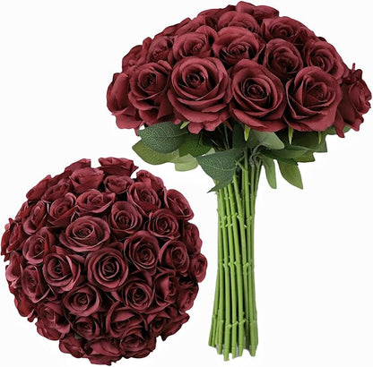 Artificial Rose Flower Artificial Flowers Flower with Long Stem Silk Roses Bouquet for Wedding Bridal Shower Party Home Decoration (Burgundy, 30 Pcs)