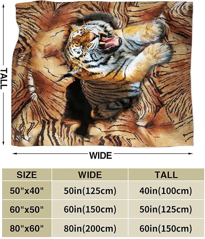 Tiger Throw Blanket, 80"x60", Microfiber Flannel Blend, Animal Print, Multicolor, Unisex, Adults & Kids, All Seasons
