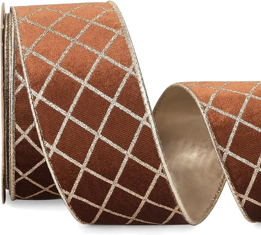 Ribbli Brown Velvet Ribbon Wired with Glitter Diamond Grid 2-1/2 Inch Christmas Ribbon for Christmas Tree Decoration Big Bow Gift Wrapping Crafts Wreaths Garland Supplies - 10 Yards