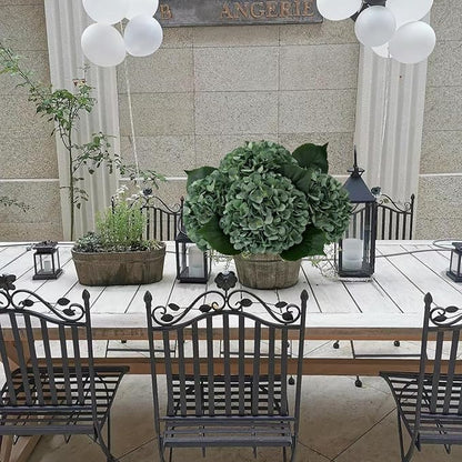 YalzoneMet 4Pcs Dark Green Silk Hydrangea Artificial Flower Big Blooms 20'' Long Stem Vintage Faux Hydrangea Flower Bouquets for Home Party Indoor Outdoor Boho Table Centerpiece Decor